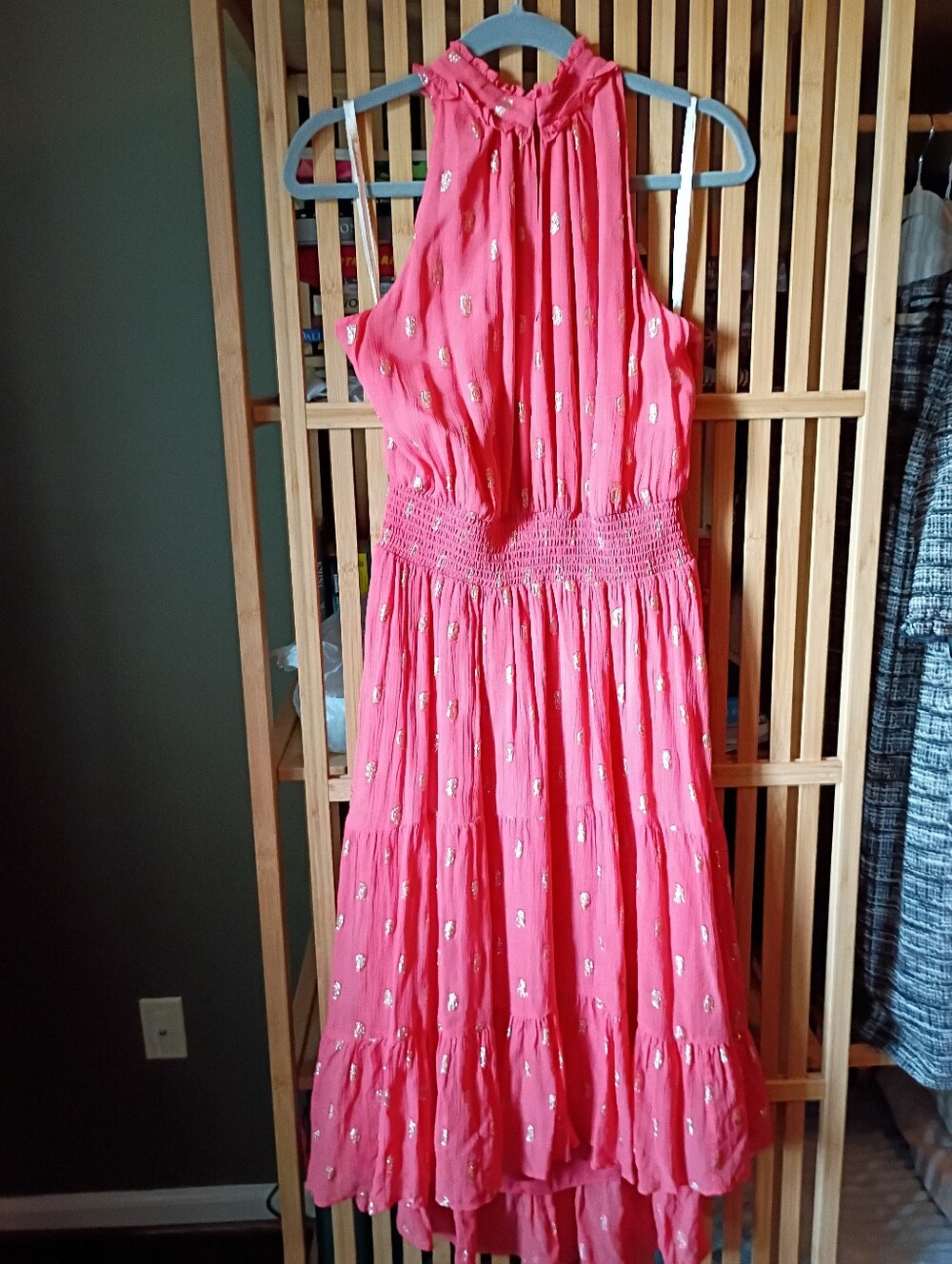 Shoshanna Midnight Coral Pink Gold Metallic Dot Halter Tiered High-Low Maxi